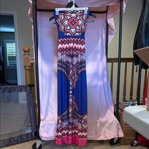 Blue and Pink Maxi Sundress with Sleeveless Square Neck for Resort Wear